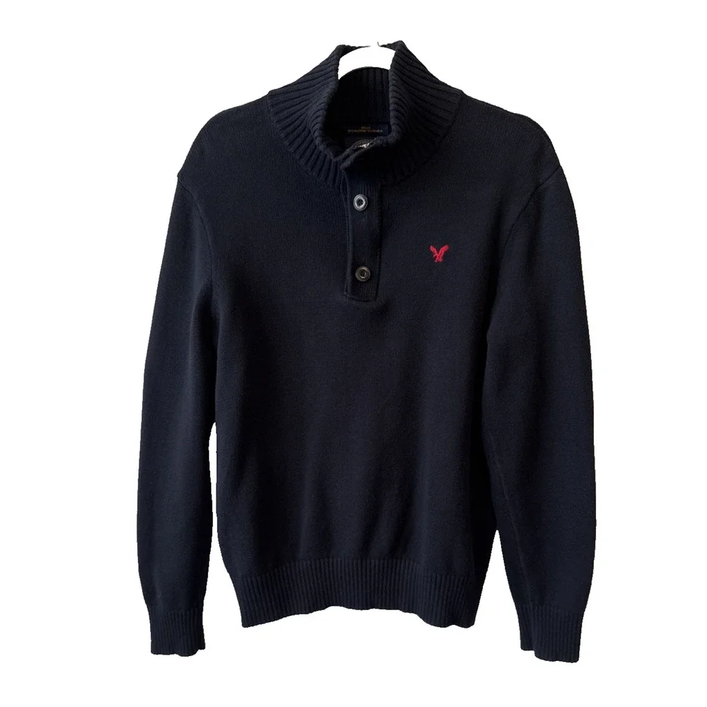 American Eagle Outfitters Sweater Men's L Preppy Athletic Fit Logo Pullover Navy